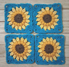 Handmade Crochet Yarn Sunflower Granny Squares 5 Inch Teal Blue 4pc