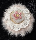 Handmade Powder Puff In Vtg Opalscent Glass Dish Boudoir Vanity Gift Shabby Chic
