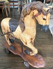 Vintage Wooden Decorative Rocking Horse On Wheels Hand Carved   Painted 22    Tall