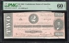 T-70 1864  2 Confederate Currency Pmg 60 Epq Civil War Two Dollar Bill 40696