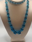 Antique Czech Art Deco Aqua Blue Glass Cube Necklace 32  Graduated Flapper 101g
