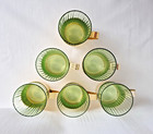 Vtg  Mid Century Tea Glass Holder W  Brass Finish - Green Faceted Glass Set Of 6