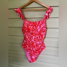 Ellen Tracy One Piece Swimsuit Pink   Red Tropical Floral Ruffles Sz 12 Euc