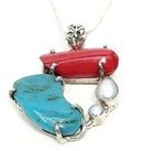 Southwest Style Turquoise Baroque Pearls Red Coral Pendant W 18  Necklace 925 