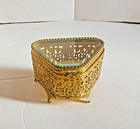 Vtg Gold Ormolu Jewelry Box Casket-beveled Glass-ornate Filigree-footed Triangle