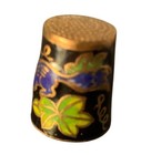 Vtg Cloisonn   Enamel Thimble Blue Cat Tiger Blue Green Brass Base