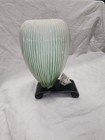 Vintage Green White Ribbed Ceramic Vase Applied Rose Black Scroll Base Mcm