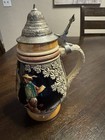German Lidded Beer Stein W  Hinged Pewter Lid Relief Tavern Scene  Marked 500