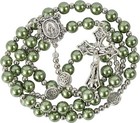 Catholic Pearl Green Beads Rosary Necklace Medal And Cross Crucifix