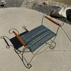 Vintage Italian Hollywood Regency Wrought Iron Vanity Bench Curule Style Teal 