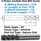 5 Pcs 3 32  4 Flutes Square 45   Helix Carbide End Mill Bit Alticrn Coated Hrc 50