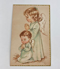 Vintage Mid Century Christmas Greeting Card Cute Praying Angels Kids Girls Gold