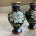 Vintage Pair Of Enamel Black Cloisonne Brass Vases 6  Floral