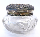 Antique Vtg Stieff Rose Repousse Sterling Silver Cut Crystal Vanity Powder Jar