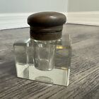 Antique Vintage Crystal Glass Block Ink Well Brass Lid Art Deco Cube Grandpacore