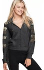 Pink Victoria s Secret Full Zip Hoodie Women s Medium Gray Hood Top Sequin