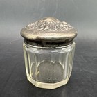 Vtg Sterling Silver Lid Glass Crystal Vanity Dresser Jar Repousse Powder Shaker