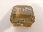 Vintage 24k Gold Ormolu Filigree Beveled Glass Jewelry Box Casket Ornate Footed