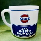 Vintage Gulf Mug Ask The Pro Federal D Handle Milk Glass Oil Gas Advertising 8oz