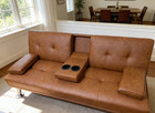 Modern Brown Faux Leather Futon Sofa Bed  Convertible Couch With Cup Holders