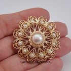 2 20ct Round Cut White Pearl Filigree Flower Brooch Pin 14k Yellow Gold Plated