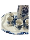 Vintage Gzhel Russian Vodka Set  7 Pc Hand Painted Porcelain With Tray