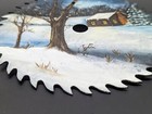 Vintage Hand Painted Saw Blade Folk Art 7  Signed Dated Snow Winter Log Cabin