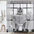 Cute Cat Shower Curtain Funny Cat Reading On Toilet Shower Curtain Set Black    