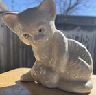 Vintage Brazil Porcelain White Cat kitten Figurine  White Blue Eyed With Mouse