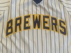 Vintage Medalist Sand Knit Milwaukee Brewers Pinstripe Jersey Shirt Size Large