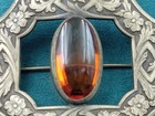 Antique Brass   Amber Colored Glass Pin  Brooch W  C-clasp - 2 5 X 2 25 