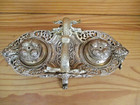 Vintage Beautiful Antique Art Nouveau Solid Brass Double Inkwell Ornate Footed