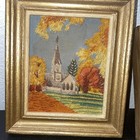 Vintage Gold Framed Embroidered Crewel House   Church 2 Pieces