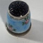 Vintage Blue W roses Enamel Over 835 Silver Sewing Thimble Collectible 
