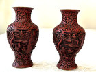 Antique Chinese Red Cinnabar Fine Hand Carved Lacquer Vases  Copper  6 5  Tall