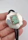 Vtg Navajo Sterling Silver Stamped Rectangle Kingman Turquoise Bolo Tie 1 5 8 