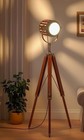 Vintage Tripod Floor Lamp With Wooden Stand And Industrial Spotlight Design