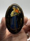 Russian Black Lacquer Hand-painted Brooch  Signed Folk Art Pin