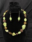 Green Brown Stone Beaded Necklace   Dangle Earrings Set Silver Tone Adjustable