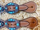 Western Women Spur Strap Set With Holographic Snake Look Leather   Turquoise