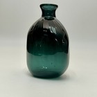 Teal Green Ribbed Hand Blown Art Glass Squat Bud Vase 5  Vtg