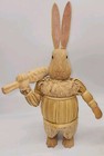Vintage Primitive Straw Husk   Wooden Standing Rabbit Couple Holding Carrot