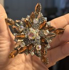 Vintage Rhinestone Starburst Brooch Aurora Borealis Topaz Brown Flower Pin  