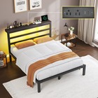 Queen king Size Metal Bed Frame With Storage Headboard  Charging Station And Led