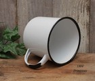 New Reproduction Enamelware White W black Trim Mug  Cup   Lid -- Holds 10 Oz