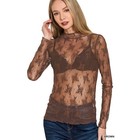 B 198  New Zenana Women Brown Sheer Floral Lace Mock Neck Long Sleeve Top
