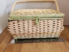 Vintage  1960s Green Satin Lining   Dritz Wicker Sewing Basket 11-1 2  X 7  X 6 