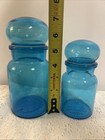 Vintage Apothecary Bubble Top Jars Aqua Blue Glass Set Of2 Belgium Retro 7      6   