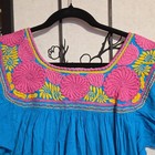 Vivid Blue Mexican Embroidered Cotton Top Pink   Yellow Floral Yoke  M