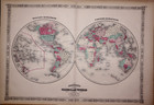Antique 1869 Map Eastern   Western Hemispheres Of The World By A  J  Johnson